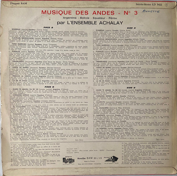 L'Ensemble Achalay : Musique Des Andes - N°3 Argentine Bolivie Equateur Perou (LP, Album)