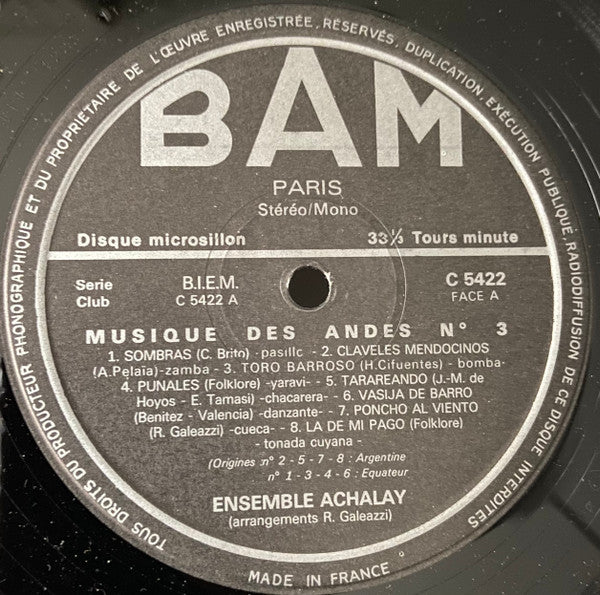 L'Ensemble Achalay : Musique Des Andes - N°3 Argentine Bolivie Equateur Perou (LP, Album)