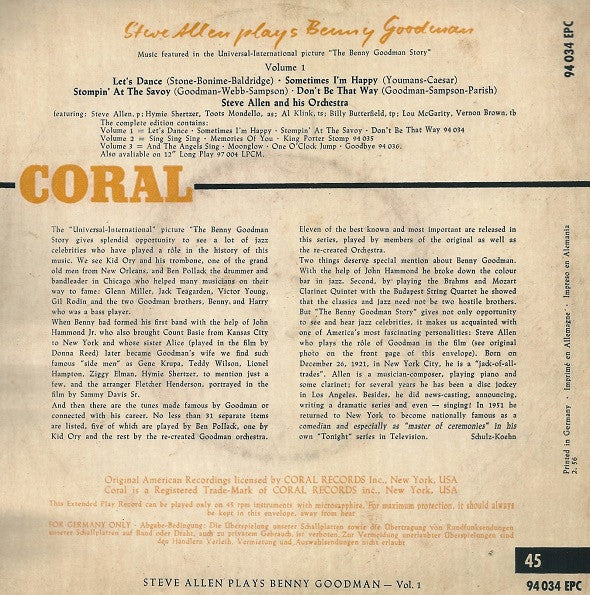 Steve Allen (3) : Steve Allen Plays Benny Goodman Vol. 1 (7", EP)