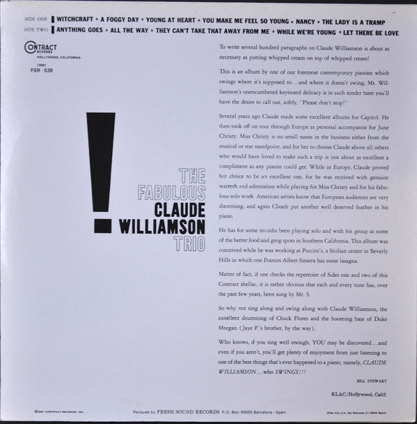 The Fabulous Claude Williamson Trio* : The Fabulous Claude Williamson Trio (LP, Album, Mono, RE)
