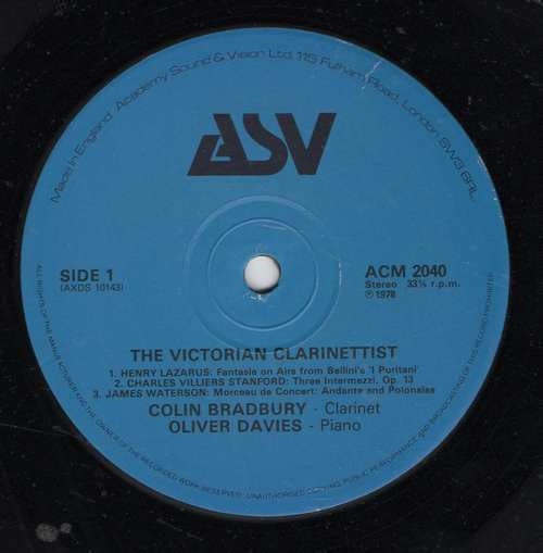 Colin Bradbury / Oliver Davies (4) : The Victorian Clarinettist (LP, Album, RE)