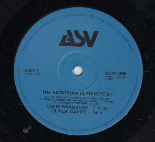 Colin Bradbury / Oliver Davies (4) : The Victorian Clarinettist (LP, Album, RE)