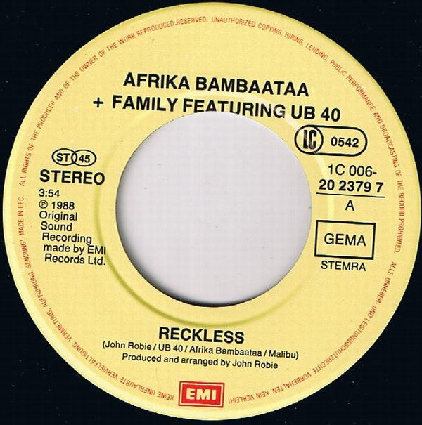 Afrika Bambaataa And Family* Featuring UB40 : Reckless (7", Single)