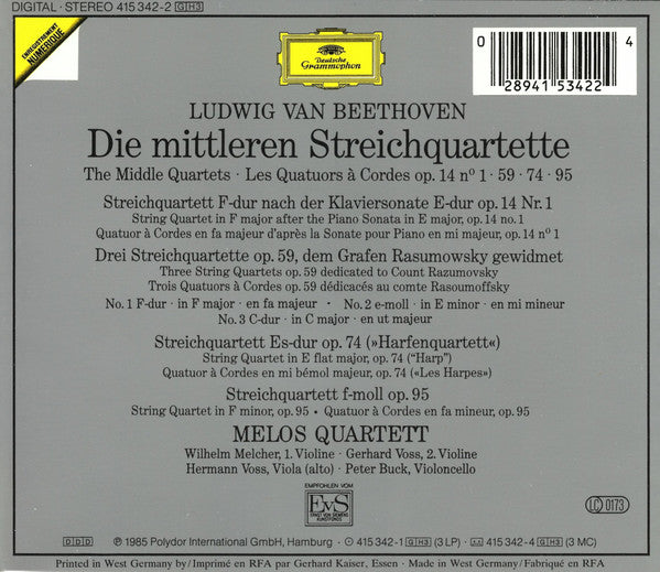 Ludwig van Beethoven, Melos Quartett : Die Mittleren Streichquartette = String Quartets = Quatuors À Cordes Op. 59, Op. 74, Op. 95 (3xCD, Album, Pol)