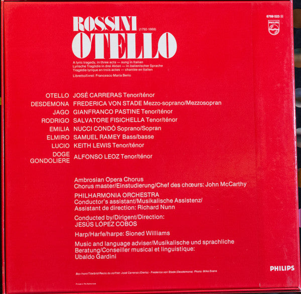 Gioacchino Rossini  -  José Carreras - Frederica Von Stade - Salvatore Fisichella - Samuel Ramey - Gianfranco Pastine - Nucci Condò - Philharmonia Orchestra - Jesús López-Cobos : Otello (3xLP, Album + Box)
