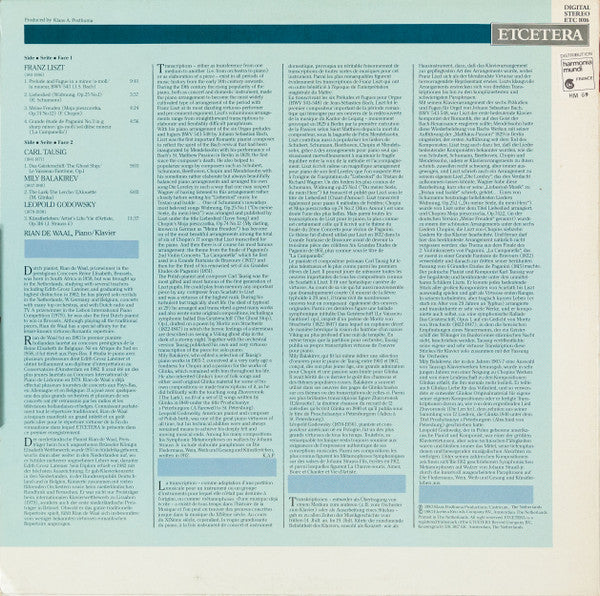 Rian De Waal - Franz Liszt • Carl Tausig • Mily Balakirev • Leopold Godowsky : Romantic Transcriptions (LP)