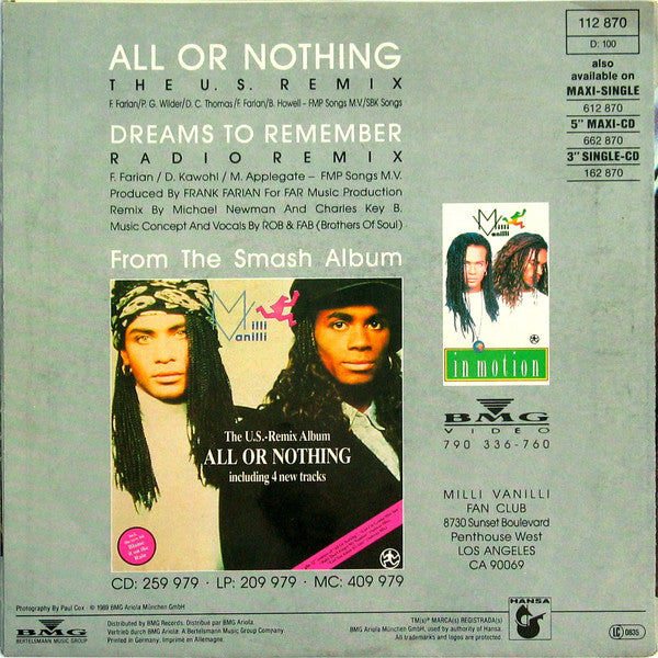 Milli Vanilli : All Or Nothing (The U.S. Remix) (7", Single)