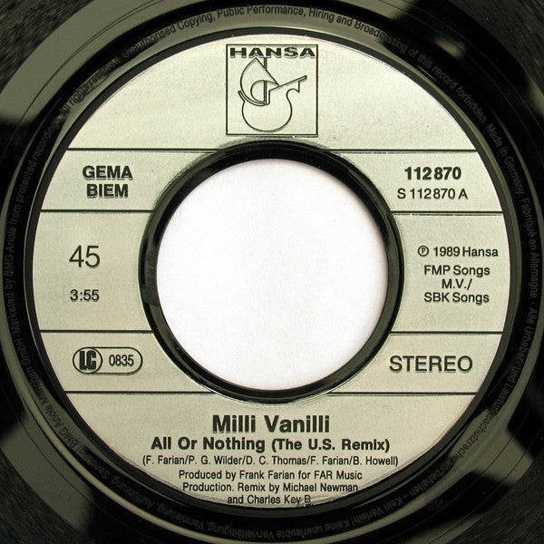 Milli Vanilli : All Or Nothing (The U.S. Remix) (7", Single)