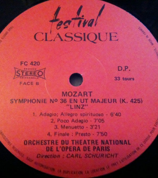 Mozart*, Orchestre Du Théâtre National De L'Opéra, Paris* Direction Carl Schuricht : Symphonie N° 40 / Symphonie N° 36 "Linz" (LP, Album)