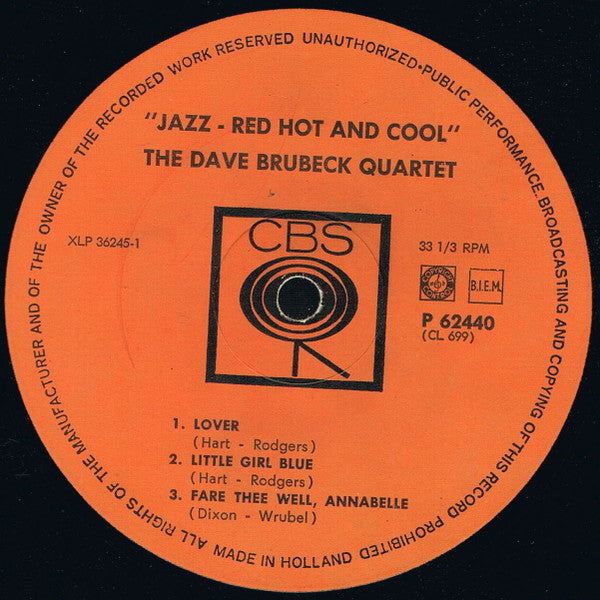 The Dave Brubeck Quartet Featuring Paul Desmond : Jazz: Red Hot And Cool (LP, Album, Mono, RE)