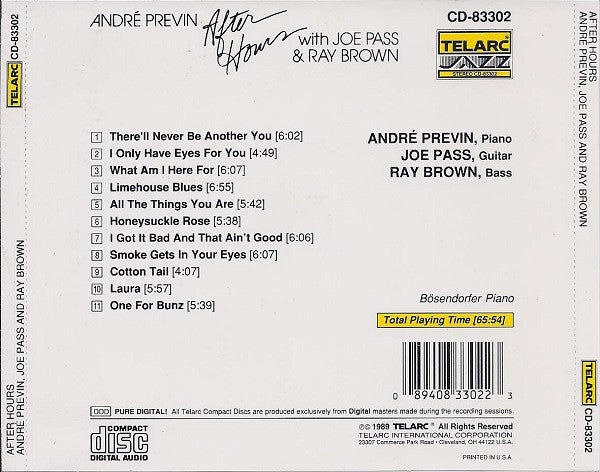 André Previn With Joe Pass & Ray Brown : After Hours (CD, Album)