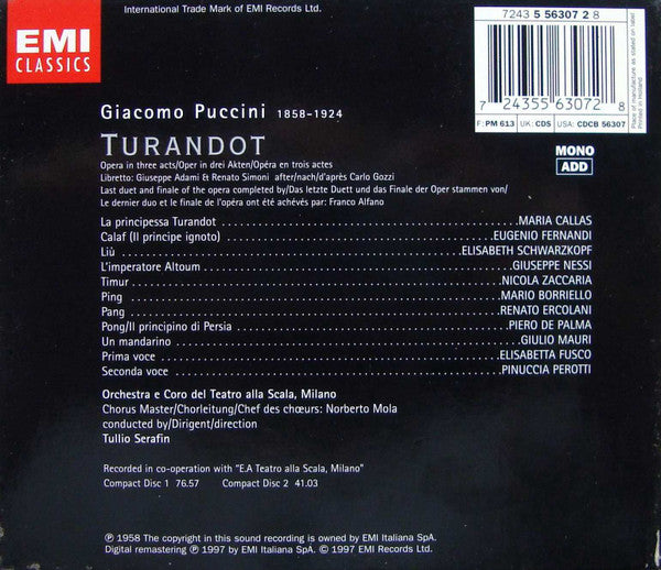 Giacomo Puccini / Maria Callas, Elisabeth Schwarzkopf, Eugenio Fernandi, Nicola Zaccaria, Orchestra Del Teatro Alla Scala E Coro Del Teatro Alla Scala, Tullio Serafin : Turandot (2xCD, Album, Mono, RE, RM + Box, Sli)