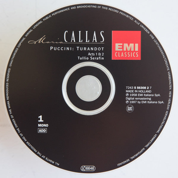 Giacomo Puccini / Maria Callas, Elisabeth Schwarzkopf, Eugenio Fernandi, Nicola Zaccaria, Orchestra Del Teatro Alla Scala E Coro Del Teatro Alla Scala, Tullio Serafin : Turandot (2xCD, Album, Mono, RE, RM + Box, Sli)