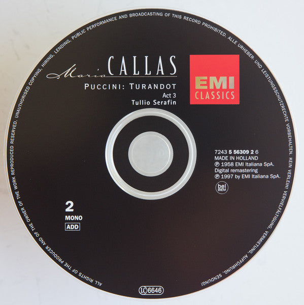 Giacomo Puccini / Maria Callas, Elisabeth Schwarzkopf, Eugenio Fernandi, Nicola Zaccaria, Orchestra Del Teatro Alla Scala E Coro Del Teatro Alla Scala, Tullio Serafin : Turandot (2xCD, Album, Mono, RE, RM + Box, Sli)