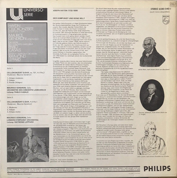 Joseph Haydn / Maurice Gendron - Orchestre Des Concerts Lamoureux • Pablo Casals • London Symphony Orchestra, Raymond Leppard : Cellokonzerte D-dur Und C-dur (LP, RE)
