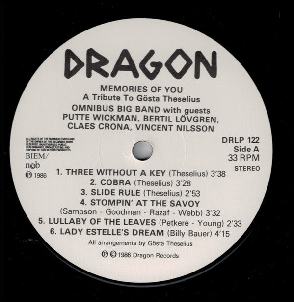 Omnibus Big Band, Putte Wickman, Bertil Lövgren, Vincent Nilsson, Claes Crona : Memories Of You (A Tribute To Gösta Theselius) (LP)
