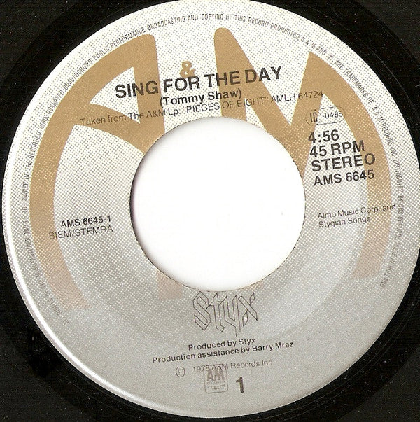 Styx : Sing For The Day (7", Single)