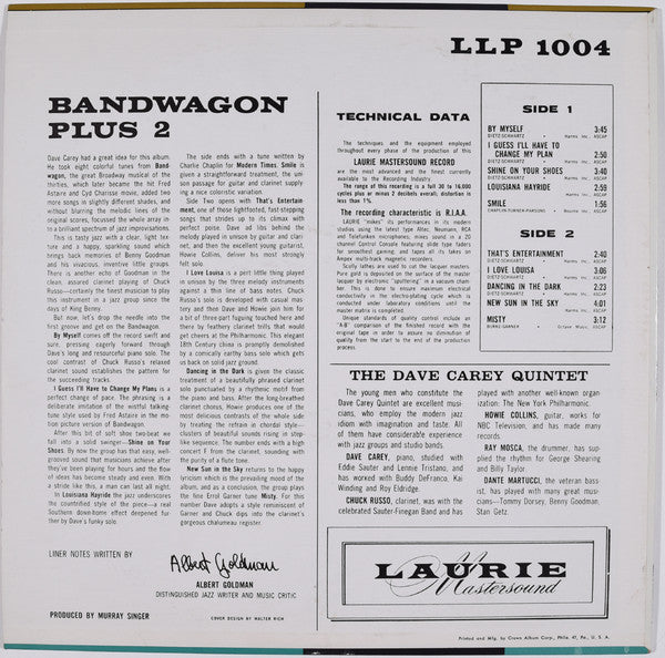Dave Carey Quintet : Plays The Score From Bandwagon Plus 2 (LP, Album, Mono)