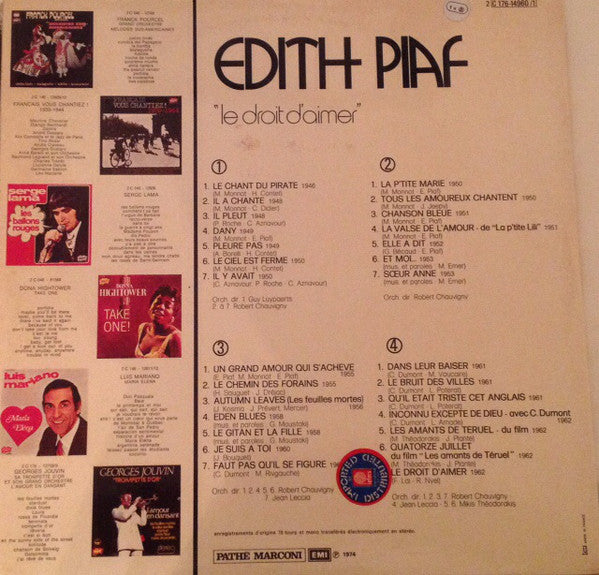 Edith Piaf : Le Droit D'Aimer (2xLP, Comp)