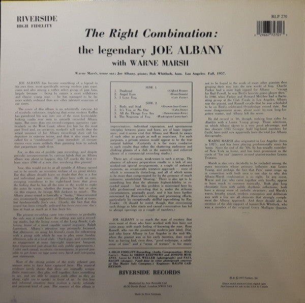 Joe Albany With Warne Marsh : The Right Combination (LP, Album, Mono, RE)