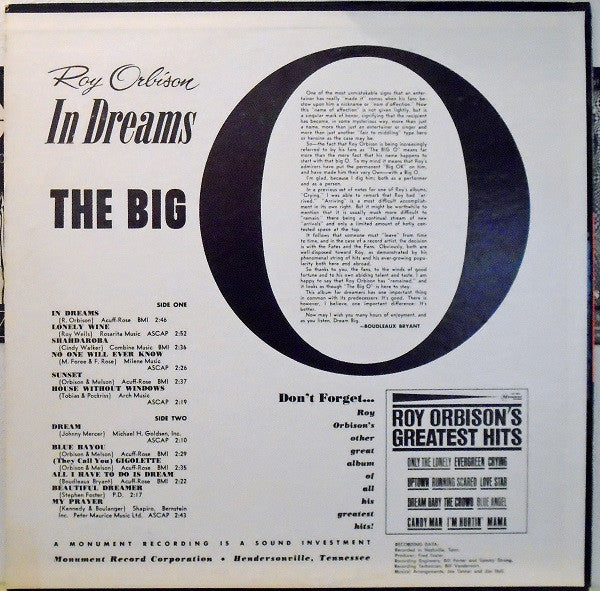 Roy Orbison : In Dreams (LP, Album, Mono, RP, Roc)