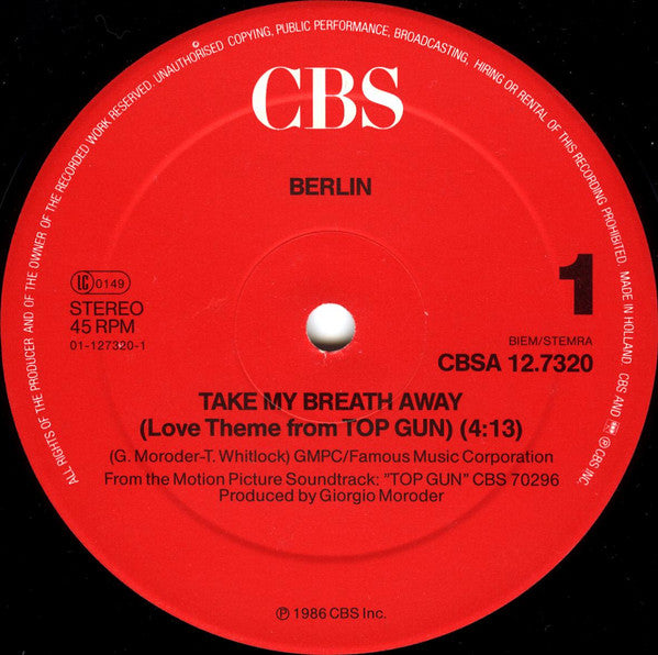 Berlin : Take My Breath Away (Love Theme From "Top Gun") (12", Maxi)