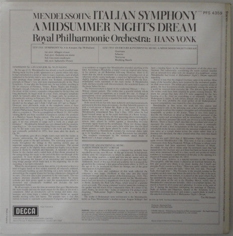 Felix Mendelssohn-Bartholdy, Royal Philharmonic Orchestra, Hans Vonk : Italian Symphony - A Midsummer Night's Dream (LP, Album)