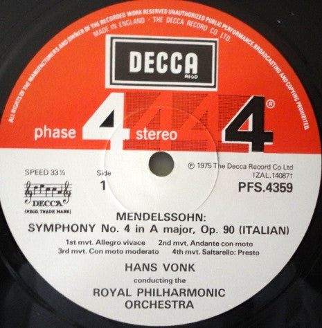 Felix Mendelssohn-Bartholdy, Royal Philharmonic Orchestra, Hans Vonk : Italian Symphony - A Midsummer Night's Dream (LP, Album)