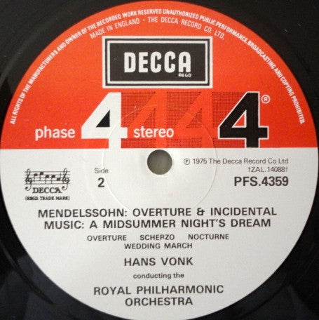 Felix Mendelssohn-Bartholdy, Royal Philharmonic Orchestra, Hans Vonk : Italian Symphony - A Midsummer Night's Dream (LP, Album)