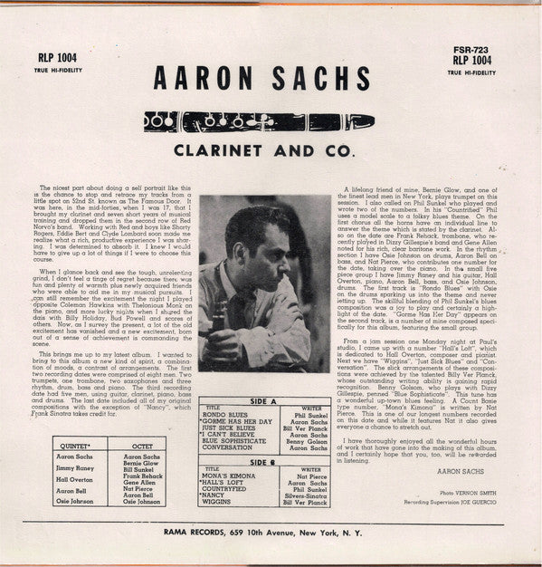 Aaron Sachs : Clarinet And Co. (LP, Album, Mono, RE)