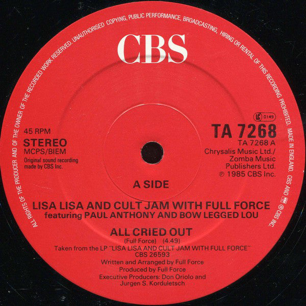 Lisa Lisa & Cult Jam With Full Force : All Cried Out (12")