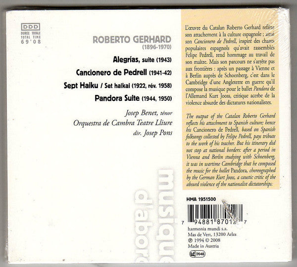 Roberto Gerhard — Josep Benet, Orquestra De Cambra Teatre Lliure, Josep Pons : Cancionero De Pedrell (CD, RE, Dig)