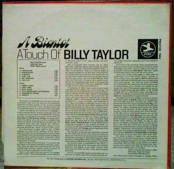 Billy Taylor Trio : A Bientot A Touch Of Taylor (LP, Album, RE, RM)