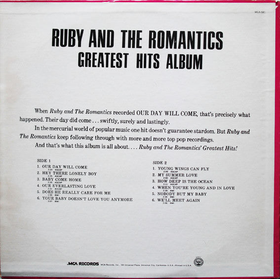 Ruby And The Romantics : Greatest Hits Album (LP, Comp, RE)