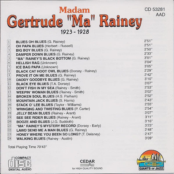Ma Rainey : Rabbit Foot Minstrels 1923-1928 (CD, Comp)