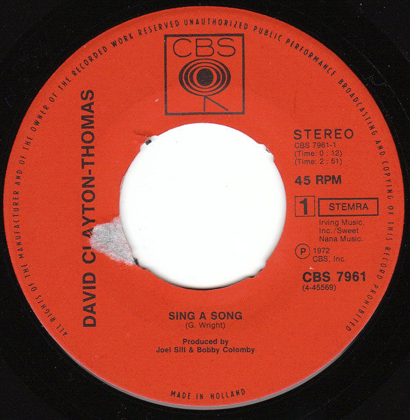 David Clayton-Thomas : Sing A Song (7", Single)