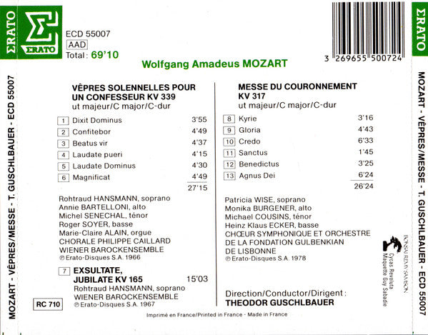 Wolfgang Amadeus Mozart, Theodor Guschlbauer : Vêpres Solennelles Pour Un Confesseur / Exsultate, Jubilate / Messe Du Couronnement (CD, Comp)