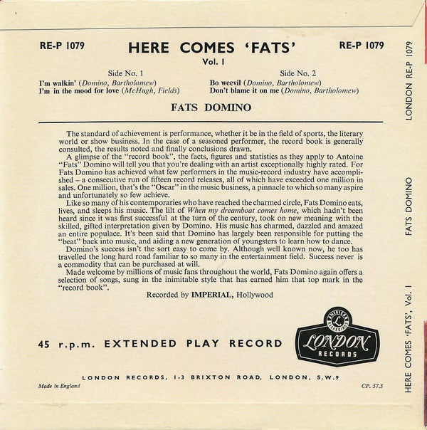 Fats Domino : Here Comes 'Fats' - Vol. 1 (7", EP)