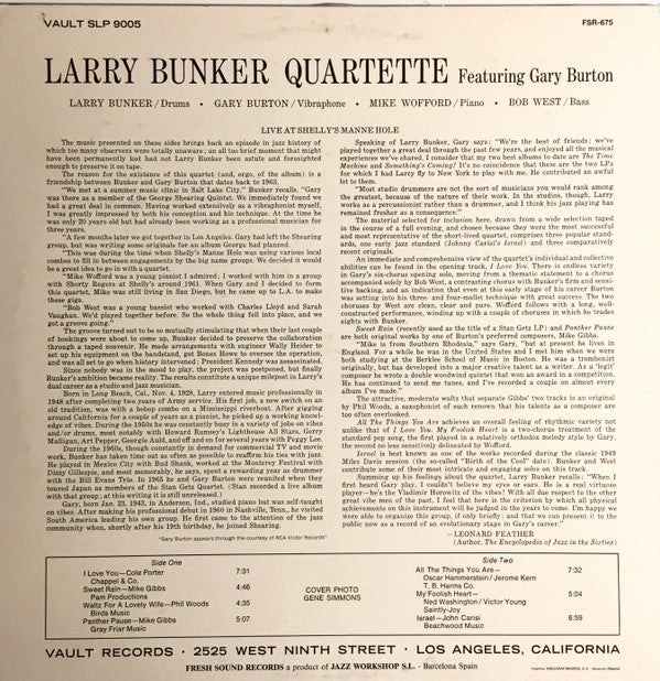 Larry Bunker Quartette Featuring Gary Burton : Live At Shelly's Manne-Hole (LP, Album, RE)
