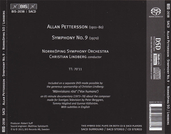 Allan Pettersson, Norrköping Symphony Orchestra, Christian Lindberg : Symphony No. 9 (SACD, Hybrid, Multichannel, Album + DVD-V)