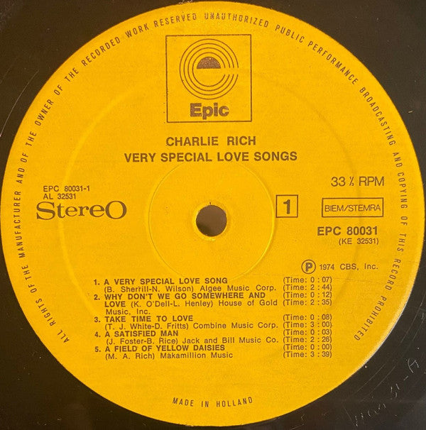 Charlie Rich : Very Special Love Songs (LP, Album)
