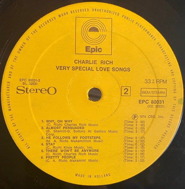 Charlie Rich : Very Special Love Songs (LP, Album)