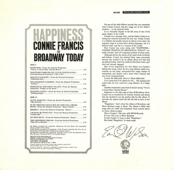 Connie Francis : Happiness - From The Hit Show "You're A Good Man, Charlie Brown" (LP)