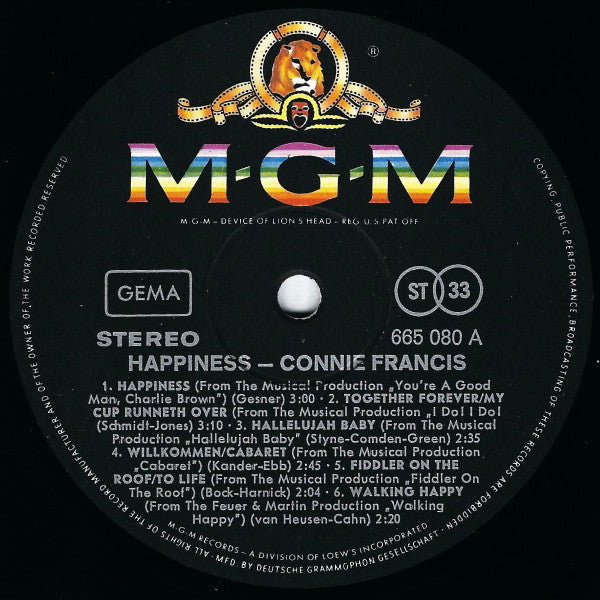 Connie Francis : Happiness - From The Hit Show "You're A Good Man, Charlie Brown" (LP)