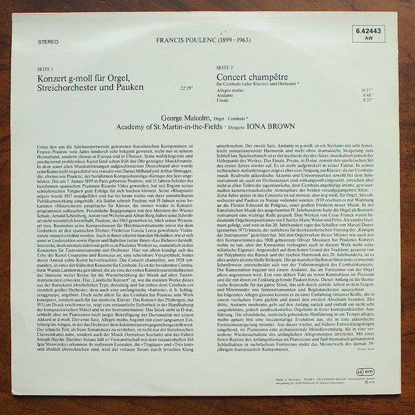 Francis Poulenc, George Malcolm • The Academy Of St. Martin-in-the-Fields • Iona Brown : Orgelkonzert G-Moll • Concert Champêtre (LP)