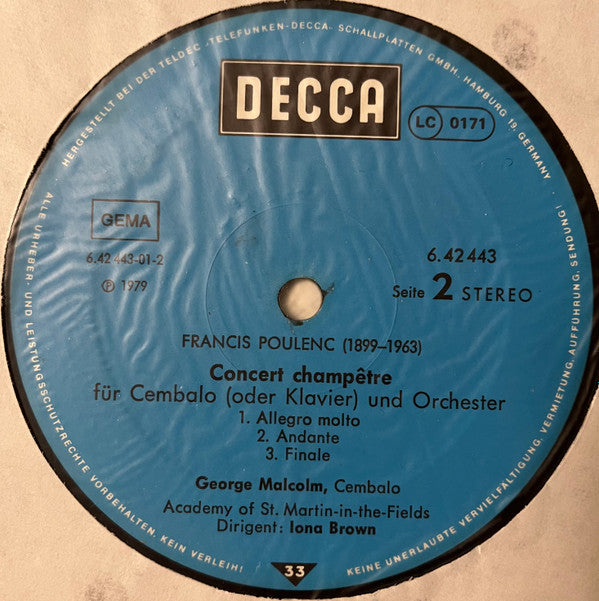 Francis Poulenc, George Malcolm • The Academy Of St. Martin-in-the-Fields • Iona Brown : Orgelkonzert G-Moll • Concert Champêtre (LP)