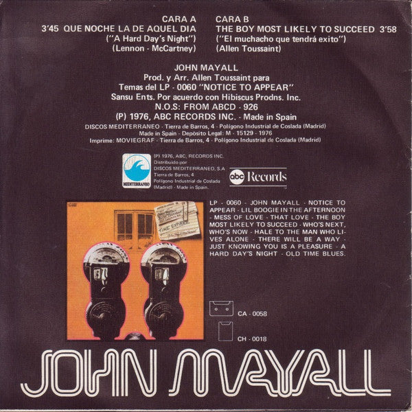 John Mayall : Que Noche La De Aquel Dia = A Hard Day's Night (7", Single)