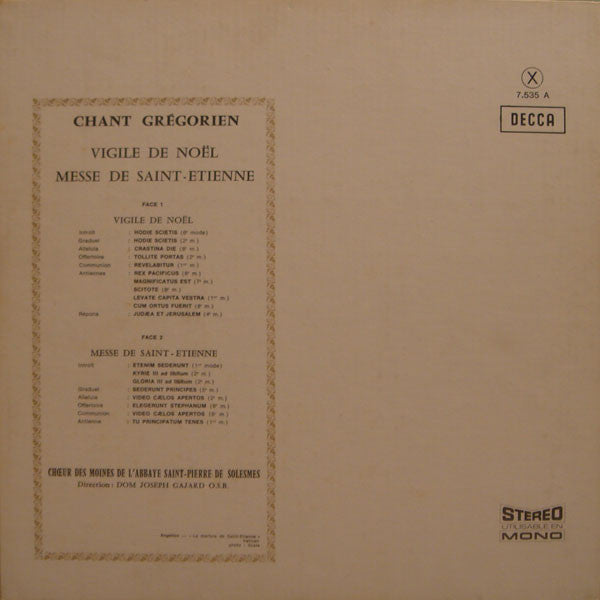 Chœur Des Moines De L'Abbaye Saint-Pierre De Solesmes Direction Dom Joseph Gajard, O.S.B.* : Vigile De Noël / Messe De Saint Etienne (LP, RE, Gat)