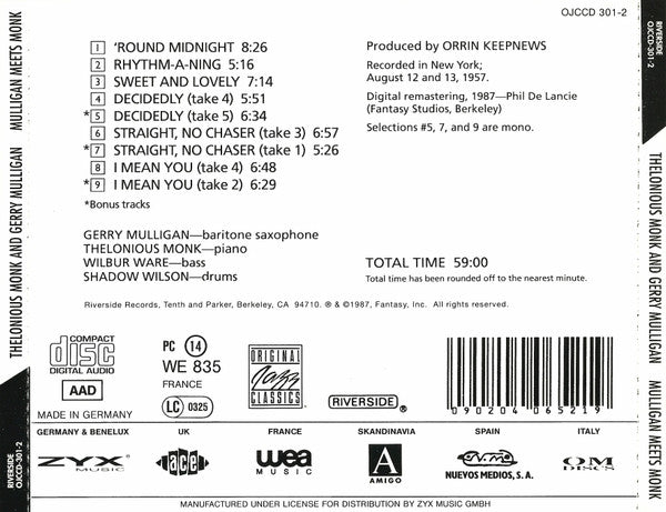 Thelonious Monk And Gerry Mulligan : Mulligan Meets Monk (CD, Album, Mono, RE, RM)