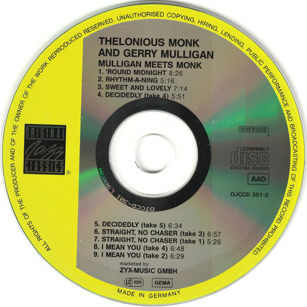 Thelonious Monk And Gerry Mulligan : Mulligan Meets Monk (CD, Album, Mono, RE, RM)